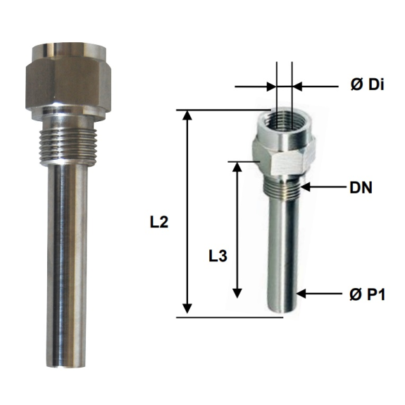 Doigt de gant usiné en inox pour THER.01 et THER.02 - G1/2" - longueur 100mm-Lire la description