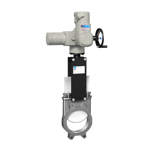 Vanne à guillotine électrique - Inox 316  - Métal - DN150 - Wafer GN10 - PN10 - Unidir. - (+)80°C-Lire la description