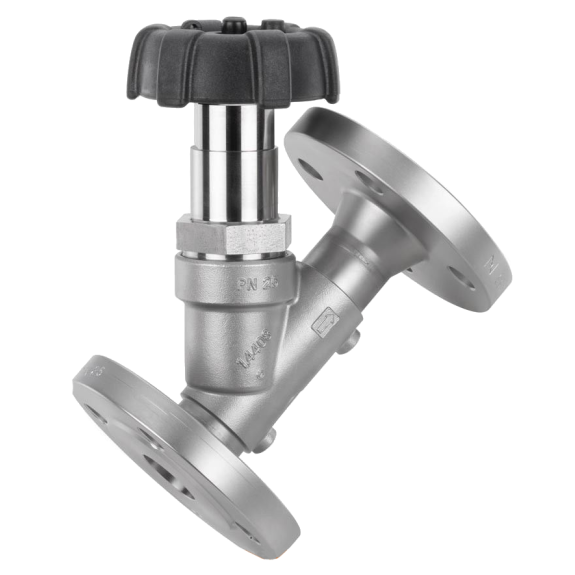 Vannes à soupape à siège incliné - Inox 316L - PTFE - DN40 - A brides GN25 - PN25 - 2/2 - 180°C-Lire la description
