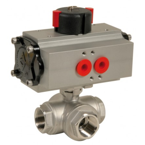 Vanne à boisseau sphérique - Inox - PTFE - G1''1/4  - PN63 - 3/2 - En T - Cde. pneu. simple effet NO-Leer más