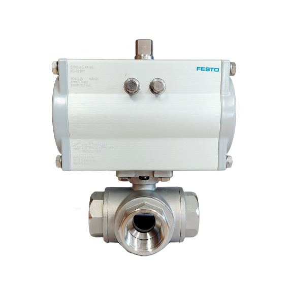 Vanne à sphère - Inox 316 - PTFE - G1''1/4 FFF - PN63 - 3/2 Passage en L - Cde pneu double effet-Leggi tutto