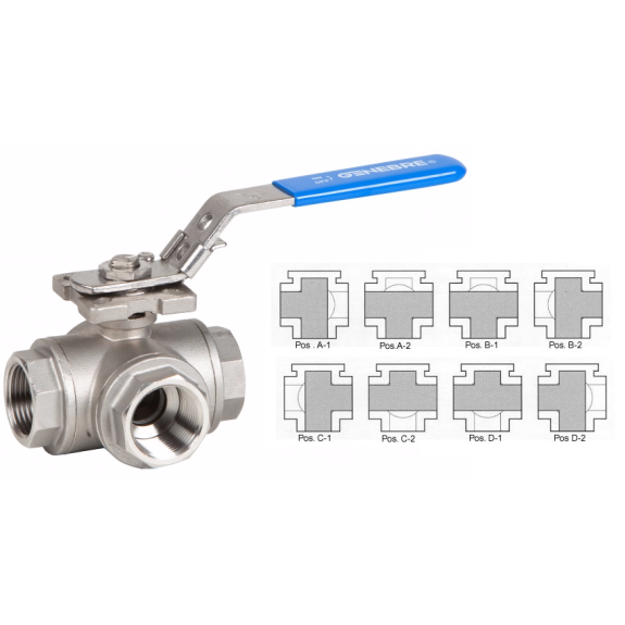 Vannes à sphère - Inox 316 - PTFE - G1''  FFF - PN63 - 3/2 - Passage en T - 180°C-Leggi tutto