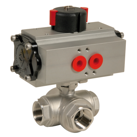 Vanne à boisseau sphérique inox PTFE G1''1/4 PN63 3/2 L double effet pneumatique-Lire la description