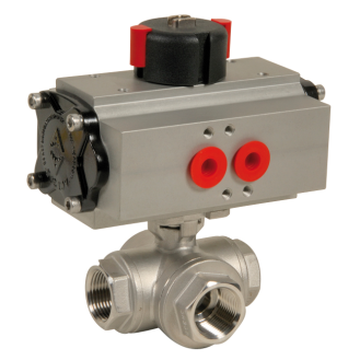 Vanne à boisseau sphérique inox PTFE G1''1/4 PN63 3/2 L double effet pneumatique-Lire la description