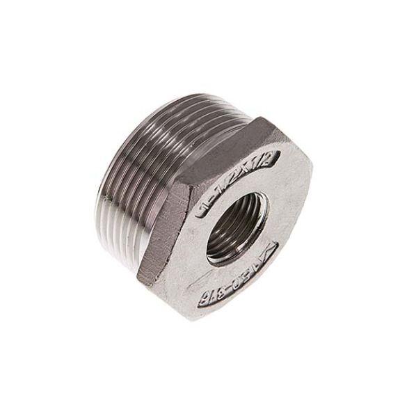 Réduction hexagonale en acier inox - R 1"1/2 M  x G 1/2" F - 20 bar-Lire la description