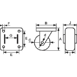 Roulette pivotante série S2C  - C: 65 mm | Char ou force (kg): 50 kg | I: 22 mm | d: 9.4 mm | B: 75 x 60 mm | G: 35 mm | A: 86 mm | E: 55 x 40 mm | F: 7.2 mm-Lire la description