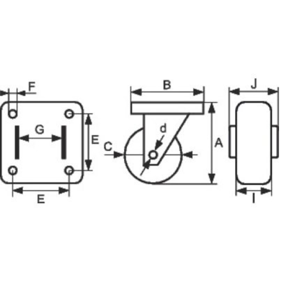 Roulette pivotante série S2C  - C: 65 mm | Char ou force (kg): 50 kg | I: 22 mm | d: 9.4 mm | B: 75 x 60 mm | G: 35 mm | A: 86 mm | E: 55 x 40 mm | F: 7.2 mm-Lire la description
