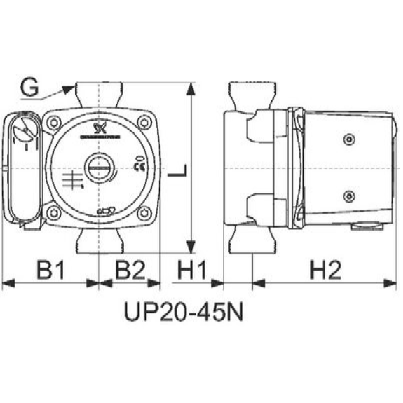Circulateur UP-N - H1: 25 | Débit m³: 1/3.7 | H. mano. maxi: 4.25 m | Type: Up 20-45 N | B1: 85 | B2: 53.5 | H2: 126-Lire la description