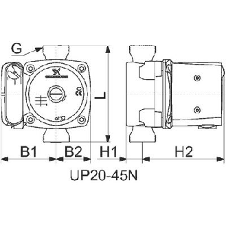 Circulateur UP-N - H1: 25 | Débit m³: 1/3.7 | H. mano. maxi: 4.25 m | Type: Up 20-45 N | B1: 85 | B2: 53.5 | H2: 126-Lire la description