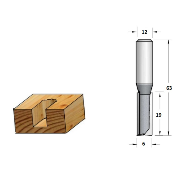 Fresa para madera recta con punta de carburo con vástago S12, D6 y 2 cuchillas para fresadora de mano - P230602 /K-Leer más