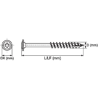 Vis à is charpente tête disque TX  - Nombre de pièce: 100 | Diamètre D (mm): 6 | Longueur L (mm): 160 | Type d'emut: T31 | Diamètre DK (mm): 19 | Longueur LF (mm): 65-Lire la description
