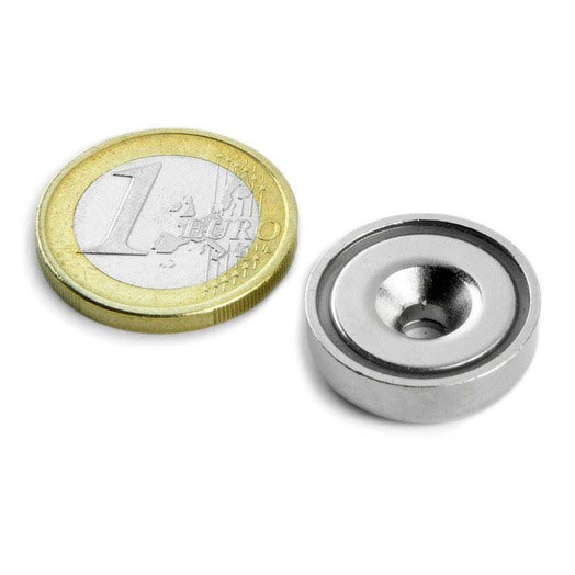 Aimant dans coque acier avec trou biseauté Diamètre 20mm Puissance 6kg-Lire la description