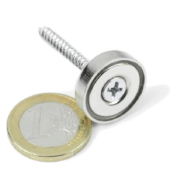 Aimant dans coque acier avec trou biseauté Diamètre 20mm Puissance 6kg-Lire la description