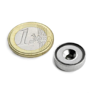 Aimant dans coque acier avec trou biseauté Diamètre 16mm Puissance 4kg-Lire la description