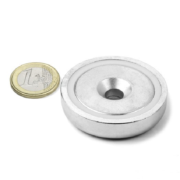Imán redondo en recipiente de acero con orificio biselado - Diámetro 48 mm - Potencia 68 kg-Leer más