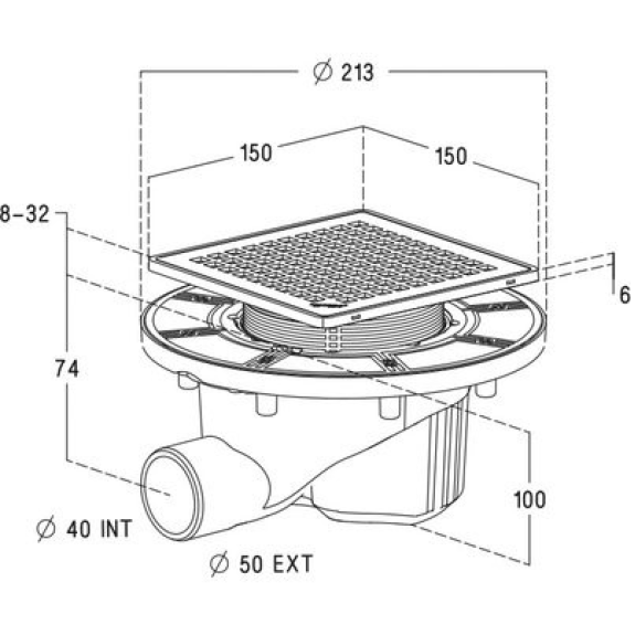 Siphon Docia Sicax pour douche carrelée  - Type de sortie: Horizontale | Diamètre femelle (mm): 40 | Diamètre mâle (mm): 50 | Longueur grille (mm): 150 | Larur grille (mm): 150-Lire la description