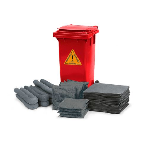 Kit d'absorbants anti-pollution , absorbants en conteneur rouge sur roulettes B 12, Universel-Lire la description