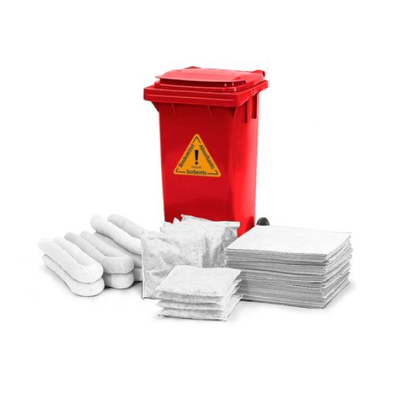 Kit d'absorbants anti-pollution , absorbants en conteneur rouge sur roulettes B 12, Huile-Lire la description