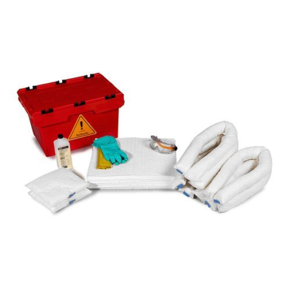 Kit d'absorbants d'urgence anti-pollution  dans caisse pliante rouge, modèle huile-Lire la description