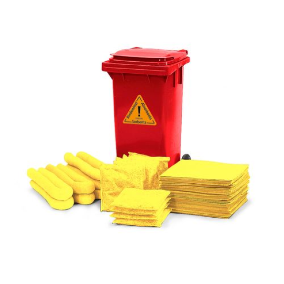 Kit d'absorbants anti-pollution , absorbants en conteneur rouge sur roulettes B 12, Spécial-Lire la description