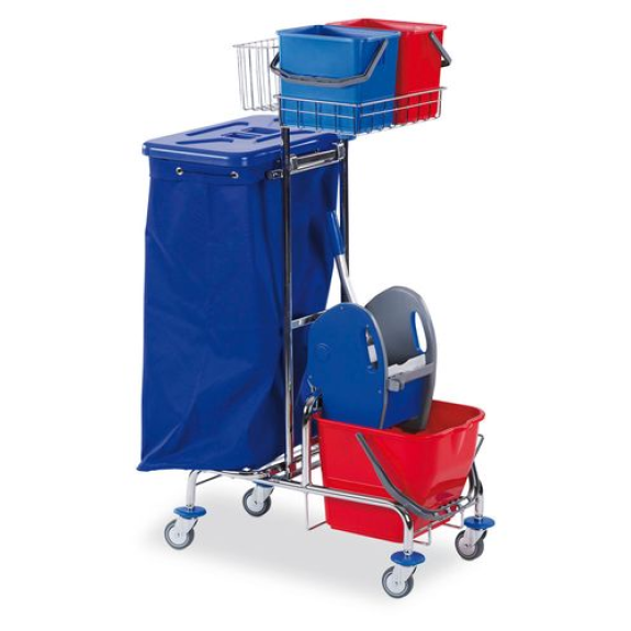 Chariot de ménage avec 3 seaux, presse balai, porte sac-poubelle, panier grillagé, grille de pose-Lire la description