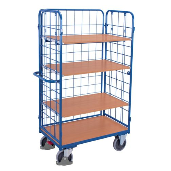 Chariot-étagère en acier, 4 plateaux, 3 parois grillagées, EasySTOP, 1000 x 700 mm Chariot-étagère en acier, 4 plateaux, 3 parois grillagées, EasySTOP, 1000 x 700 mm-Lire la description