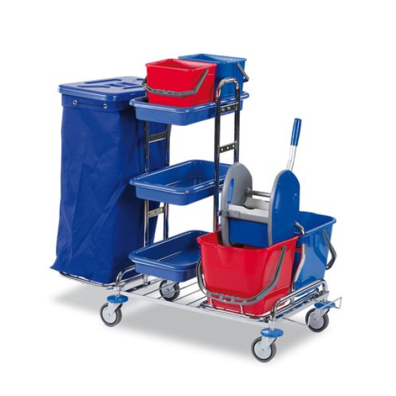 Chariot de ménage avec 4 seaux, presse balai, 3 bacs en plastique et porte sac-poubelle Chariot de ménage avec 4 seaux, presse balai, 3 bacs en plastique et porte sac-poubelle-Lire la description
