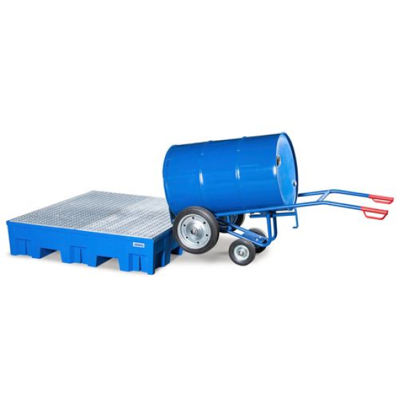 Chariot pour fûts FKR-S2 acier, peint bleu, pneus pleins, 2 roues d'appui, pour fûts de 200/220 l. Chariot pour fûts FKR-S2 acier, peint bleu, pneus pleins, 2 roues d'appui, pour fûts de 200/220 l.-Lire la description