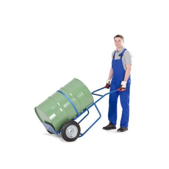 Chariot pour fûts FKZ en acier, peint bleu, pneus pleins, bavette et sangle, pour fûts de 60/220 l. Chariot pour fûts FKZ en acier, peint bleu, pneus pleins, bavette et sangle, pour fûts de 60/220 l.-Lire la description