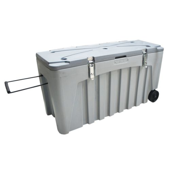 Box universel en plastique (PE), gris, verrouillable, avec roulettes, volume de 140 litres-Lire la description