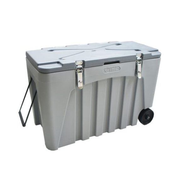Box universel en plastique (PE), gris, verrouillable, avec roulettes, volume de 104 litres-Lire la description
