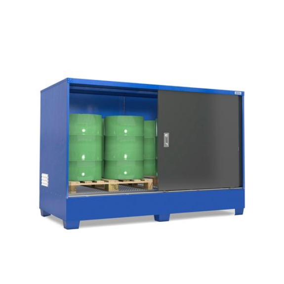 Box stockage de marchandises dangereuses SteelSafe 2C avec portes coulissantes pour 2 IBC ou 8 fûts-Lire la description