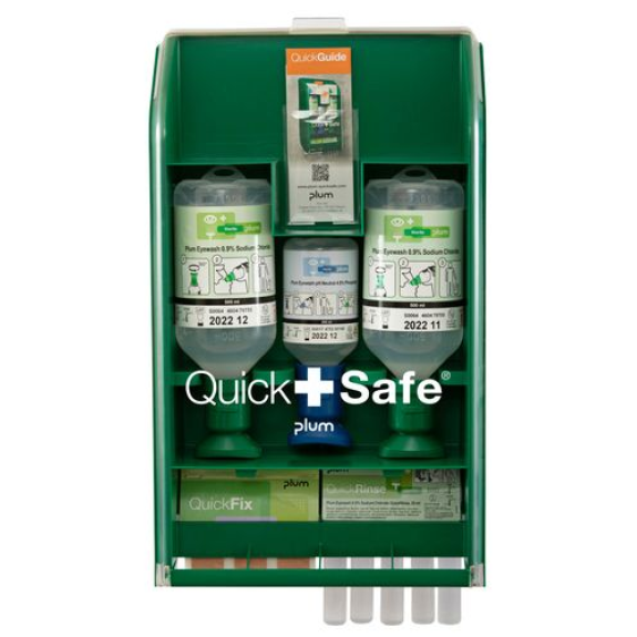 Box quick safe station 1er secours, avec bouteilles de lotion oculaires et pansements-Lire la description
