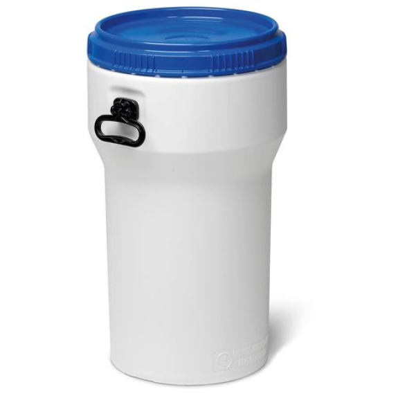 Fût à ouverture large, en plastique, 50 l, blanc / bleu, emboîtable, homologation UN, couvercle Fût à ouverture large, en plastique, 50 l, blanc / bleu, emboîtable, homologation UN, couvercle-Lire la description