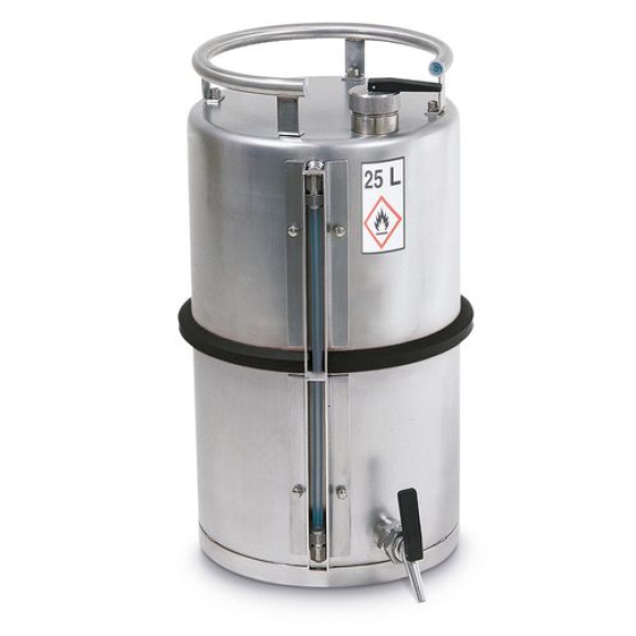 Fût de sécurité, inox, avec robinet de soutirage 3/4" et indicateur de niveau, 25 litres Fût de sécurité, inox, avec robinet de soutirage 3/4" et indicateur de niveau, 25 litres-Lire la description