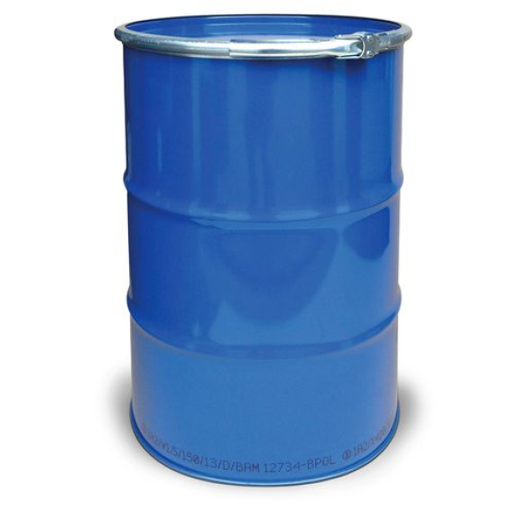 Fût en acier avec couvercle, intérieur brut, extérieur peint, homologué UN, 212 l. Fût en acier avec couvercle, intérieur brut, extérieur peint, homologué UN, 212 l.-Lire la description