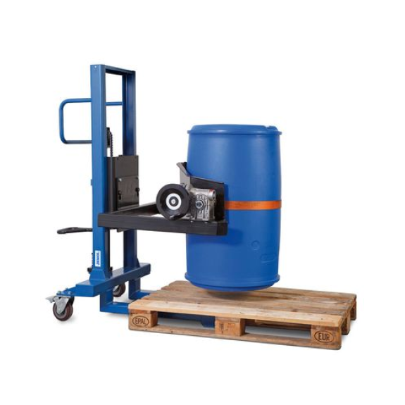 Lève-fût Servo, retourne-fût 360°, pour fûts de 60 à 220 l, châssis étroit, levée 120-750 mm-Beschreibung lesen