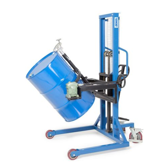 Lève-fût Servo, retourne-fût 180°, pour fûts en acier de 200 l, châssis large, levée 0-1270 mm-Lire la description