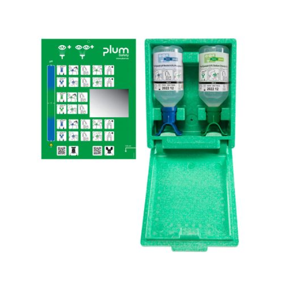 Boite murale avec rince-œil DUO, 1 x 500 ml ph neutre, 1 x 500 ml, solution saline : 0,9%-Lire la description