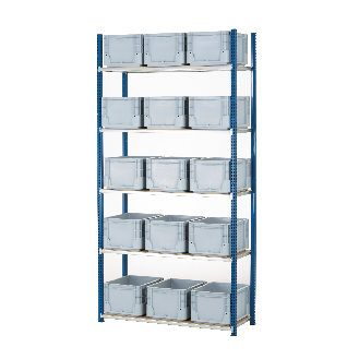 Kit rayonnage 100 x 40 cm 5 niveaux + 15 bacs 40 x 30cm + recouvrements bois-Lire la description