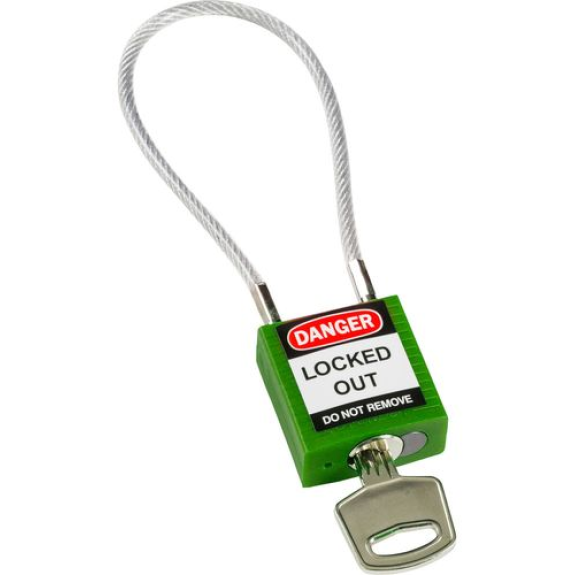 Cadenas de sécurité compact, clé spécifique à chaque cadenas, avec câble 200 mm, vert Cadenas de sécurité compact, clé spécifique à chaque cadenas, avec câble 200 mm, vert-Lire la description
