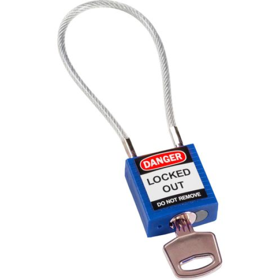 Cadenas de sécurité compact, clé spécifique à chaque cadenas, avec câble 200 mm, bleu Cadenas de sécurité compact, clé spécifique à chaque cadenas, avec câble 200 mm, bleu-Lire la description