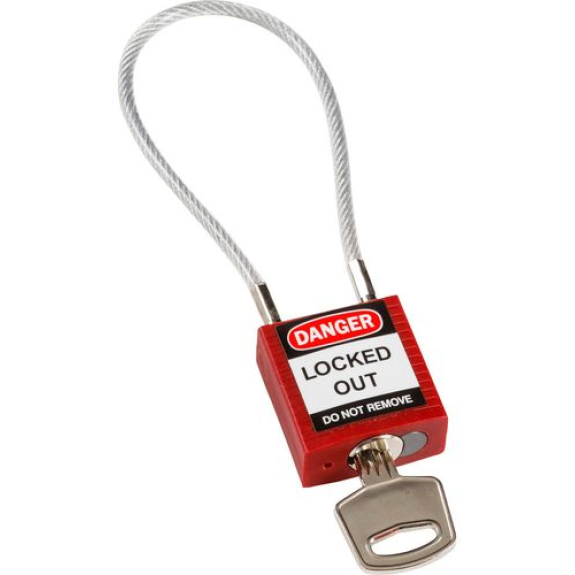 Cadenas de sécurité compact, clé spécifique à chaque cadenas, avec câble 200 mm, rouge-Lire la description