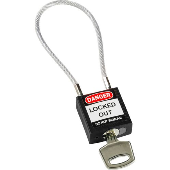 Cadenas de sécurité compact, clé spécifique à chaque cadenas, avec câble 200 mm, noir Cadenas de sécurité compact, clé spécifique à chaque cadenas, avec câble 200 mm, noir-Lire la description