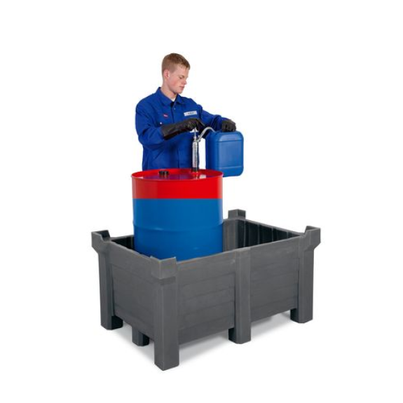 Bac gerbable PolyPro en PE, 90 litres, volume de rétention 70 litres, parois pleines, gris Bac gerbable PolyPro en PE, 90 litres, volume de rétention 70 litres, parois pleines, gris-Lire la description