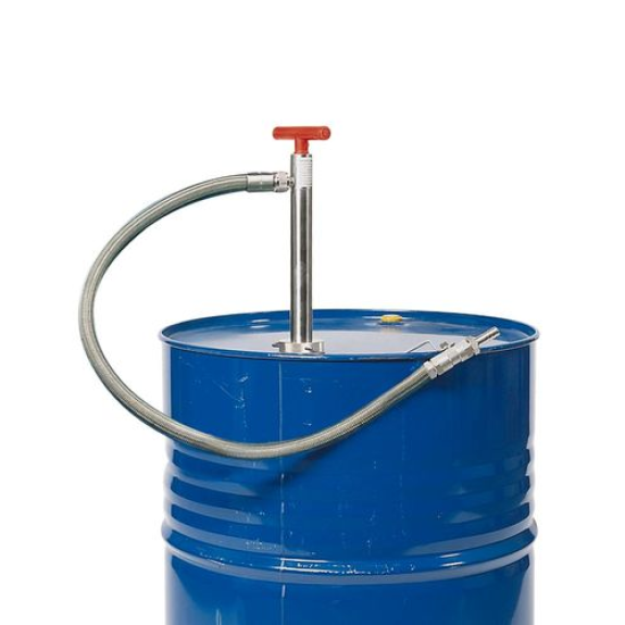 Pompe pour fûts en inox, avec tuyau en PTFE électriquement conducteur, plongeur 910 mm Pompe pour fûts en inox, avec tuyau en PTFE électriquement conducteur, plongeur 910 mm-Lire la description