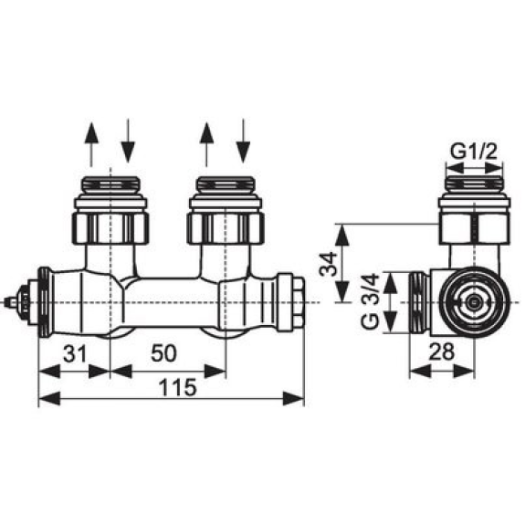 Multiblock T bitube modèle équerre  - Filetage: G 1/2'' M x G 3/4'' M Multiblock T bitube modèle équerre  - Filetage: G 1/2'' M x G 3/4'' M-Lire la description