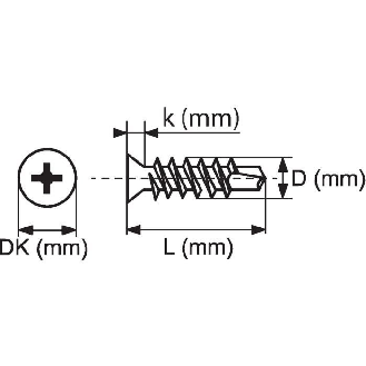 Vis autoperceuse tête fraisée  - Nombre de pièce: 1000 | Diamètre D (mm): 3.9 | Diamètre DK (mm): 7.8 | Longueur K (mm): 2.5 | Longueur L (mm): 22-Lire la description