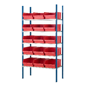 Kit rayonnage 5 niveaux 50 x 100 x 200cm avec 16 bacs 48,5 x 31cm et recouvrements bois-Lire la description