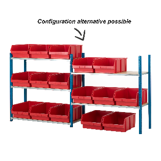 Kit rayonnage 5 niveaux 50 x 100 x 200cm avec 16 bacs 48,5 x 31cm et recouvrements bois-Lire la description